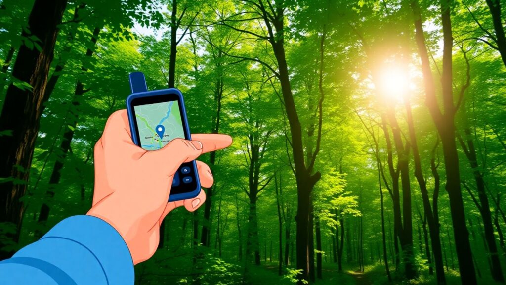 Hand mit GPS-Gerät im Wald auf Schatzsuche