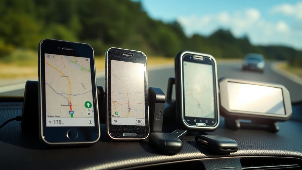 GPS Navigationsgeräte auf einem Autodashboard im Sonnenlicht.