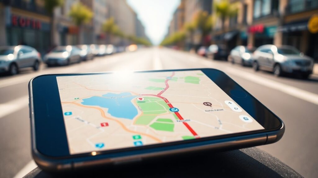 Smartphone mit Navigations-App auf einer Karte