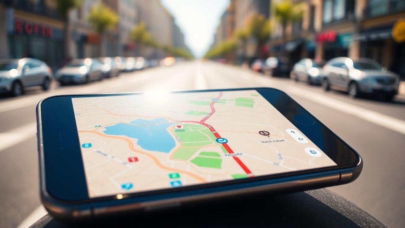 Smartphone mit Navigations-App auf einer Karte