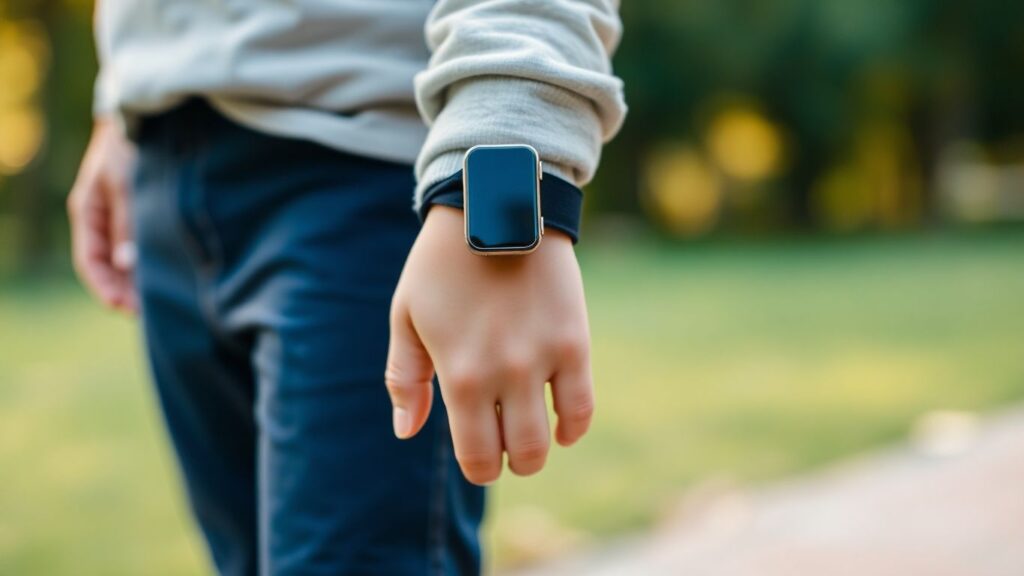 Kind hält Elternhand mit GPS Tracker am Handgelenk