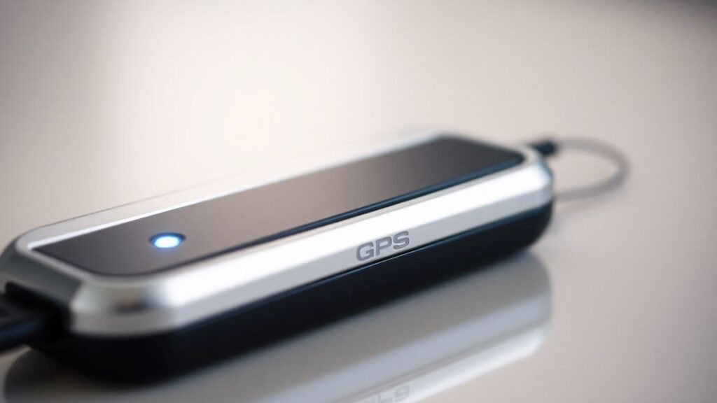 GPS-Tracker mit leuchtenden Anzeigen auf unscharfem Hintergrund