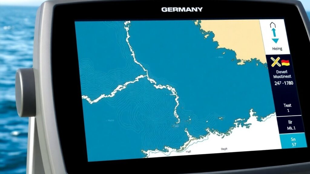 Marine GPS Karte Deutschland mit Küstenlinie und Navigationslinien.