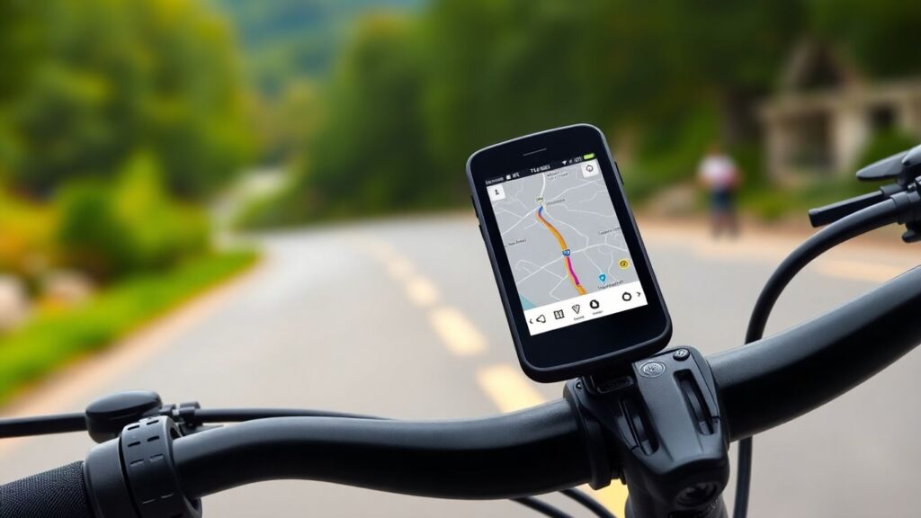 Fahrradnavigation Gerät am Lenker mit Routenanzeige